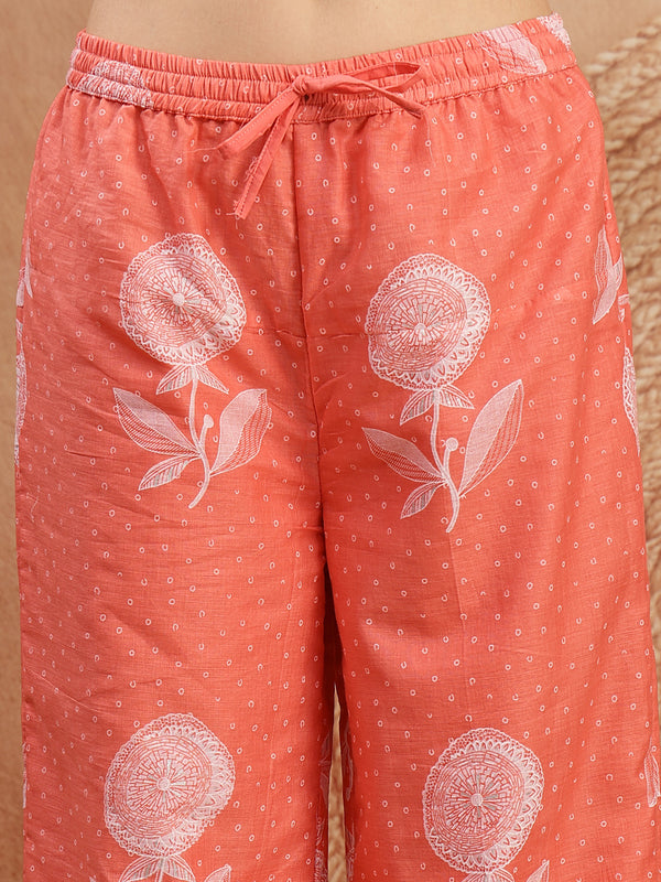 Kimayra Cotton Calf Length Printed 3/4 Sleeve V-Neck Flared Kurta Suit Set
