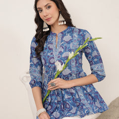 Kimayra  Hip Length Printed 3/4 Sleeve Mandarin Collar Flared Top