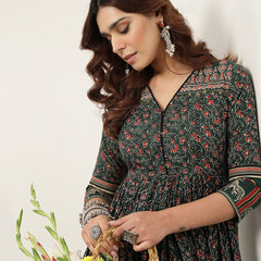 Kimayra Cotton Calf Length Printed 3/4 Sleeves V-Neck Anarkali Kurta