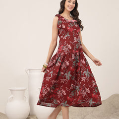 Kimayra Cotton Calf Length Printed Sleeveless Round Neck Flared Dress