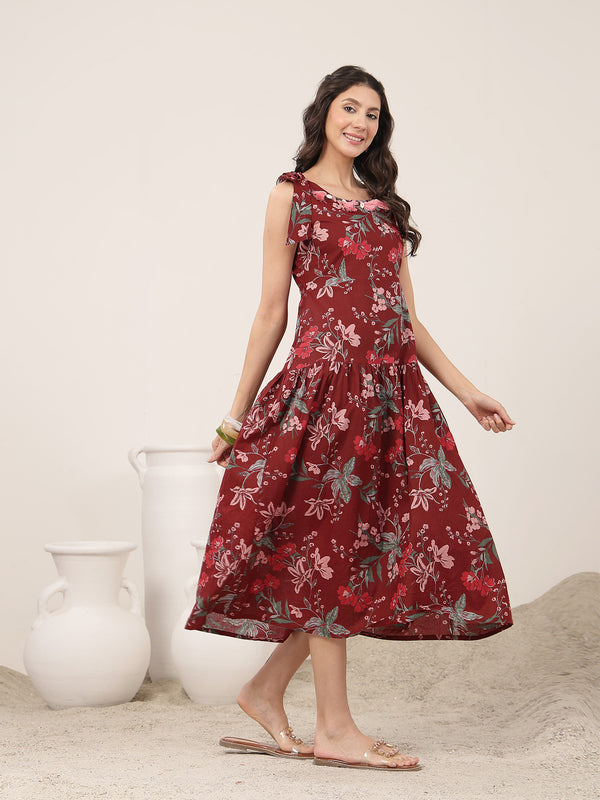 Kimayra Cotton Calf Length Printed Sleeveless Round Neck Flared Dress