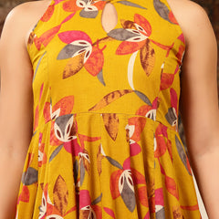 Kimayra Cotton Calf Length Printed Sleeveless Key Hole Neck Flared Kurta