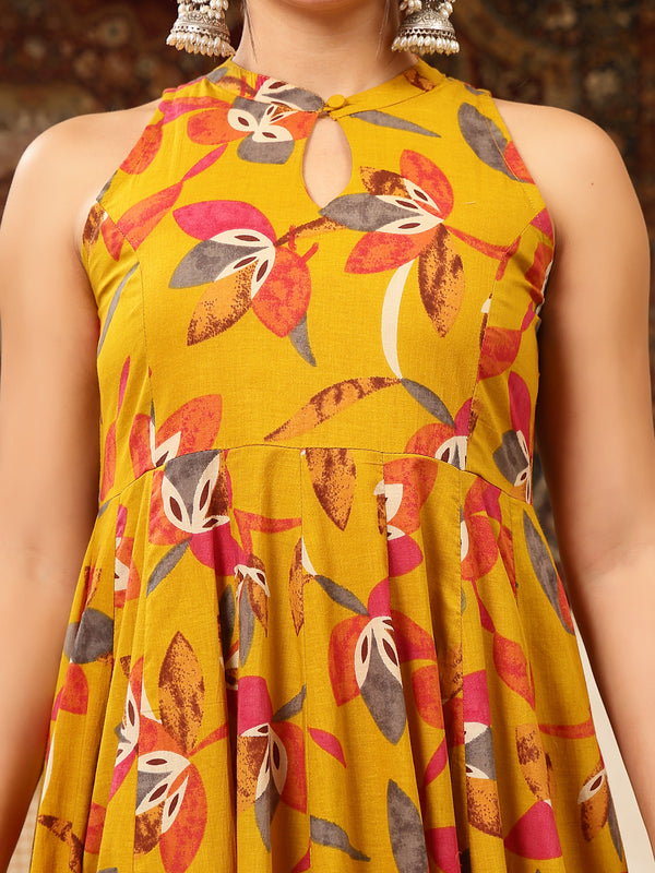Kimayra Cotton Calf Length Printed Sleeveless Key Hole Neck Flared Kurta