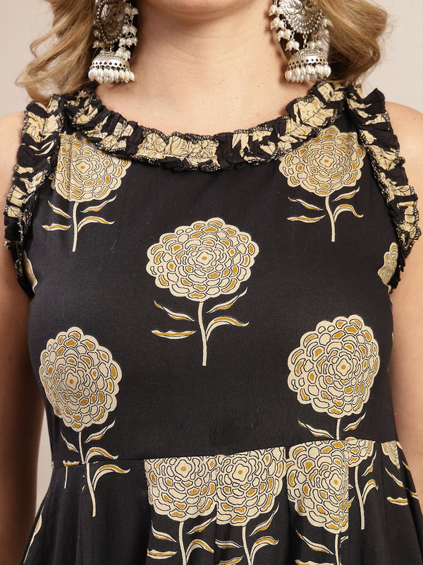 Kimayra Cotton Calf Length Printed Sleeveless Round Neck Flared Dress