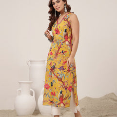 Kimayra Cotton Calf Length Printed Sleeveless V-Neck Straight Kurta