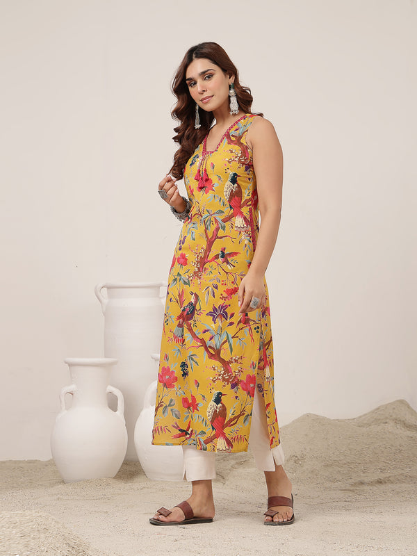 Kimayra Cotton Calf Length Printed Sleeveless V-Neck Straight Kurta