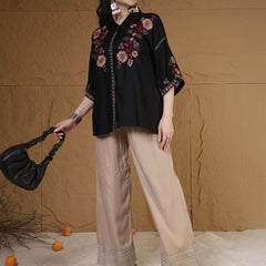 Kimayra Rayon Hip Length Solid 3/4 Sleeves Shirt Collar Flared Top