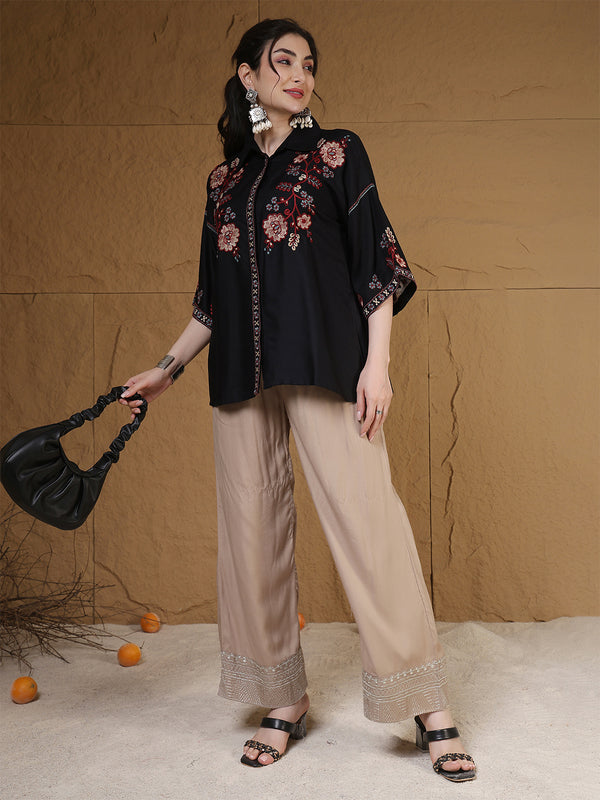 Kimayra Rayon Hip Length Solid 3/4 Sleeves Shirt Collar Flared Top