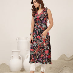 Kimayra Cotton Calf Length Printed Sleeveless V-Neck Straight Kurta