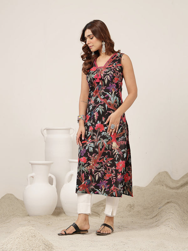 Kimayra Cotton Calf Length Printed Sleeveless V-Neck Straight Kurta