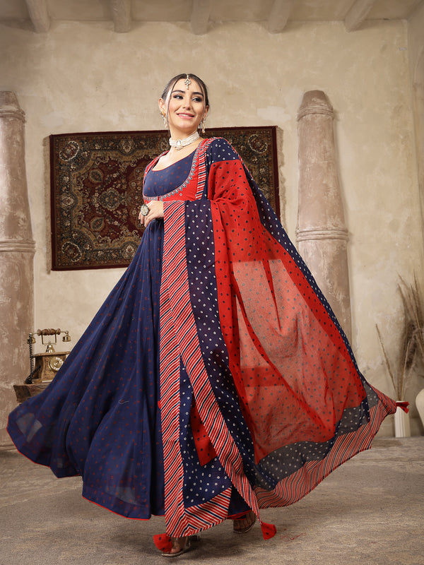 Kimayra Cotton Calf Length Printed Full Sleeves Round Neck Anarkali Kurta Suit Set