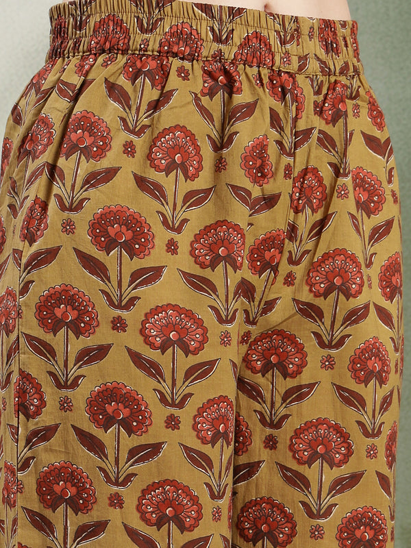 Kimayra Cotton Calf Length Printed 3/4 Sleeve V-Neck Flared Kurta Suit Set