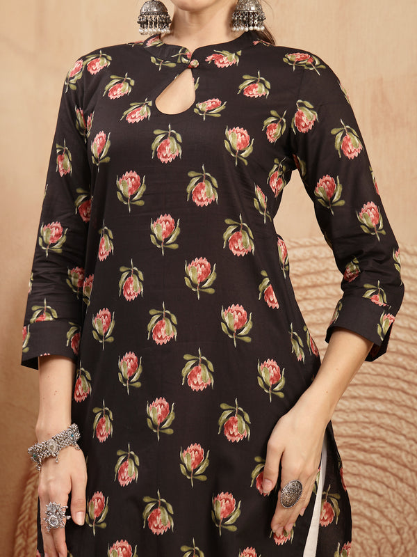 Kimayra Rayon Calf Length Printed 3/4 Sleeve Key Hole Neck Straight Kurta