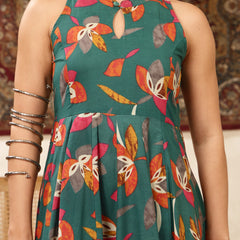 Kimayra Cotton Calf Length Printed Sleeveless Key Hole Neck Flared Kurta