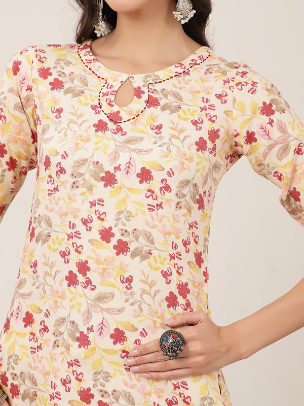 Kimayra Rayon Calf Length Printed 3/4 Sleeve Round Neck Straight Kurta