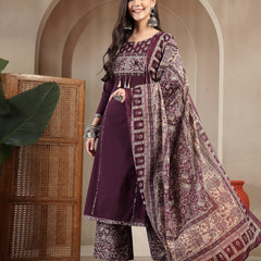 Kimayra Cotton Calf Length Solid 3/4 Sleeve Round Neck Straight Kurta Suit Set
