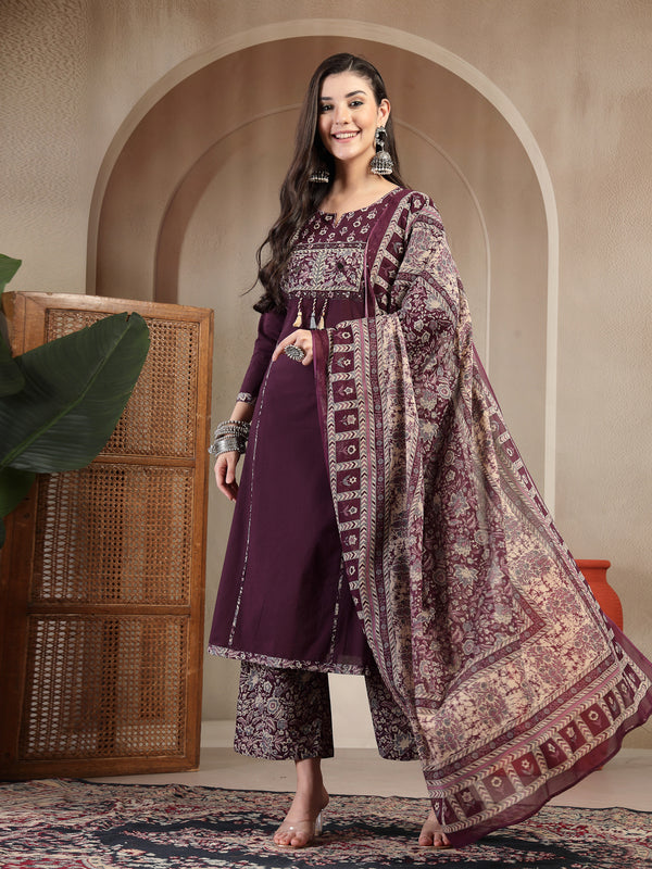 Kimayra Cotton Calf Length Solid 3/4 Sleeve Round Neck Straight Kurta Suit Set