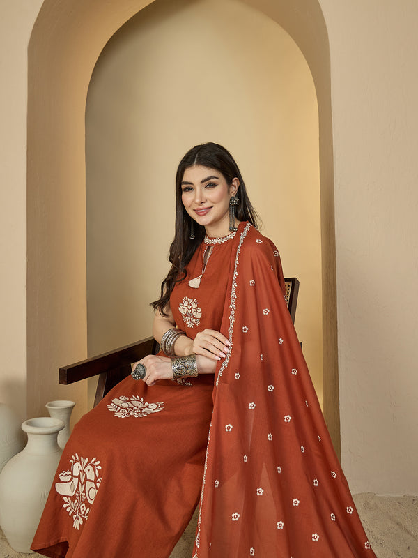 Kimayra Cotton Calf Length Printed Sleeveless Round Neck Straight Kurta Suit Set