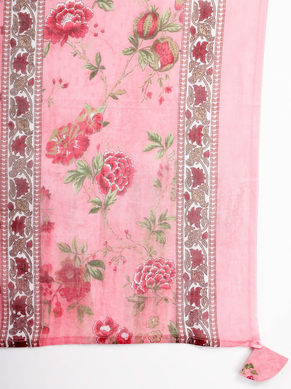 Kimayra Cotton Calf Length Printed 3/4 Sleeve Key Hole Neck Flared Kurta Suit Set