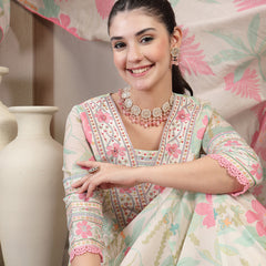 Kimayra Cotton Calf Length Printed 3/4 Sleeve V Neck Flared Kurta Suit Set