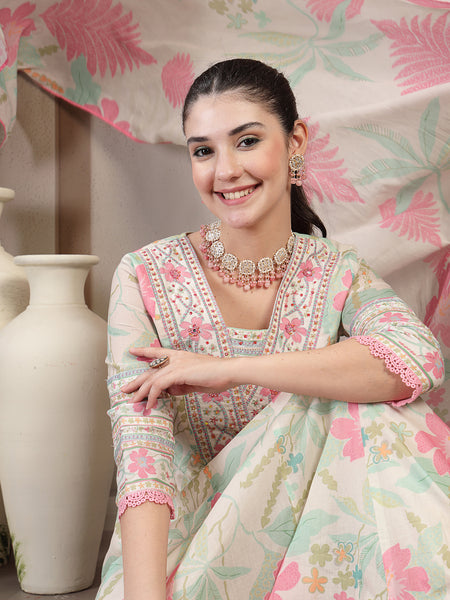 Kimayra Cotton Calf Length Printed 3/4 Sleeve V Neck Flared Kurta Suit Set