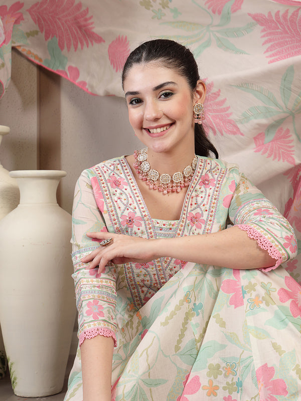 Kimayra Cotton Calf Length Printed 3/4 Sleeve V Neck Flared Kurta Suit Set
