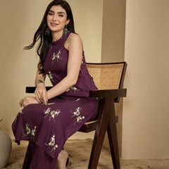 Kimayra Rayon Calf Length Printed Sleeveless Round Neck A-Line Kurta Suit Set