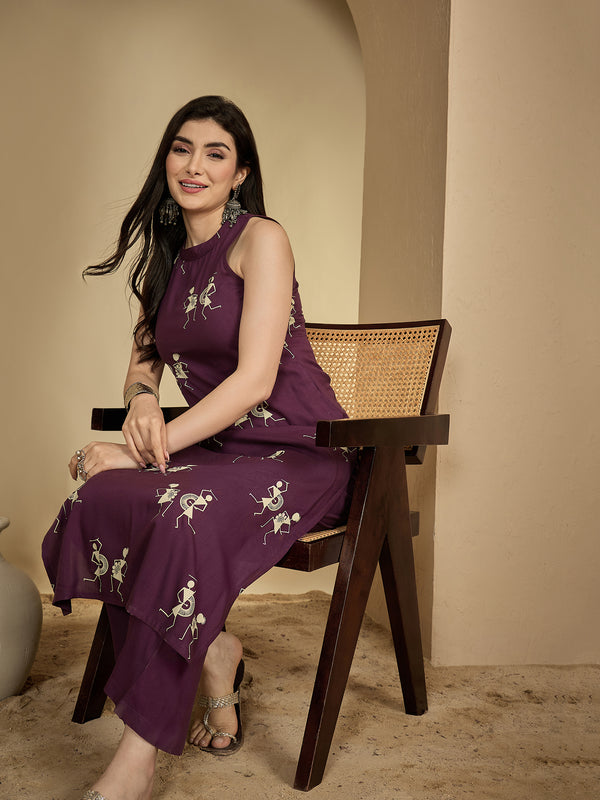 Kimayra Rayon Calf Length Printed Sleeveless Round Neck A-Line Kurta Suit Set