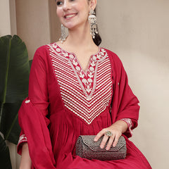 Kimayra Cotton Calf Length Solid 3/4 Sleeve Round Neck Flared Kurta Suit Set