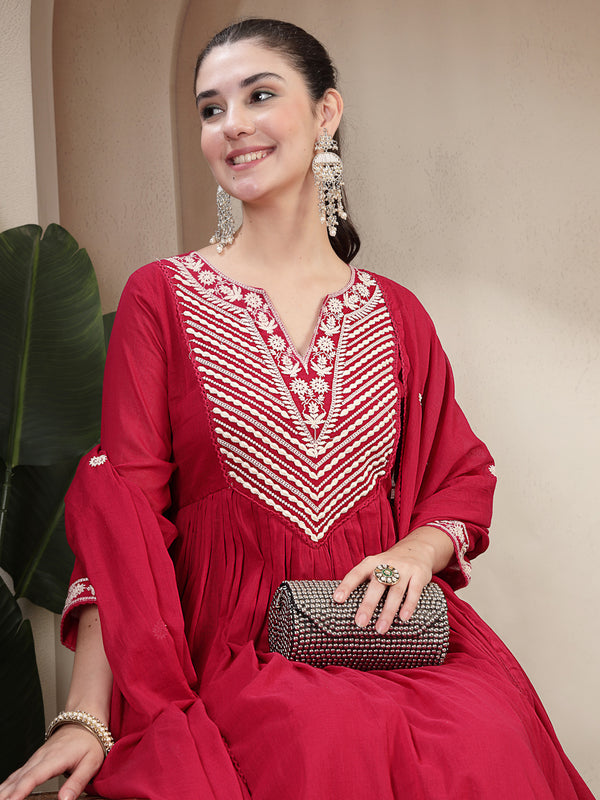 Kimayra Cotton Calf Length Solid 3/4 Sleeve Round Neck Flared Kurta Suit Set