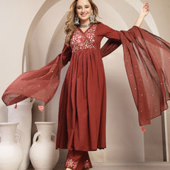 Kimayra Cotton Calf Length Solid 3/4 Sleeve V-Neck Flared Kurta Suit Set