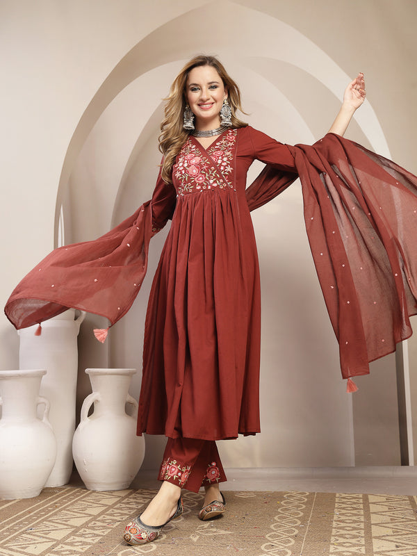 Kimayra Cotton Calf Length Solid 3/4 Sleeve V-Neck Flared Kurta Suit Set