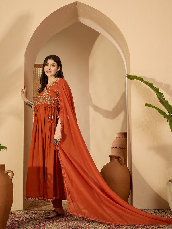 Kimayra Cotton Calf Length Solid 3/4 Sleeve V-Neck Anarkali Kurta Suit Set