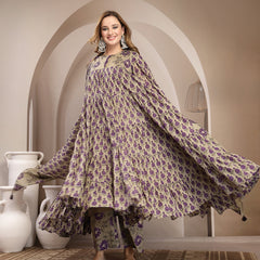 Kimayra Malmal Calf Length Printed Full Sleeve Round Neck Anarkali Kurta Suit Set