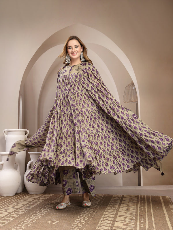 Kimayra Malmal Calf Length Printed Full Sleeve Round Neck Anarkali Kurta Suit Set