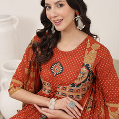 Kimayra Cotton Calf Length Printed 3/4 Sleeve Round Neck Flared Kurta Suit Set