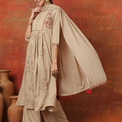 Kimayra Rayon Calf Length Printed 3/4 Sleeves Round Neck Semi-Flared Kurta Suit Set