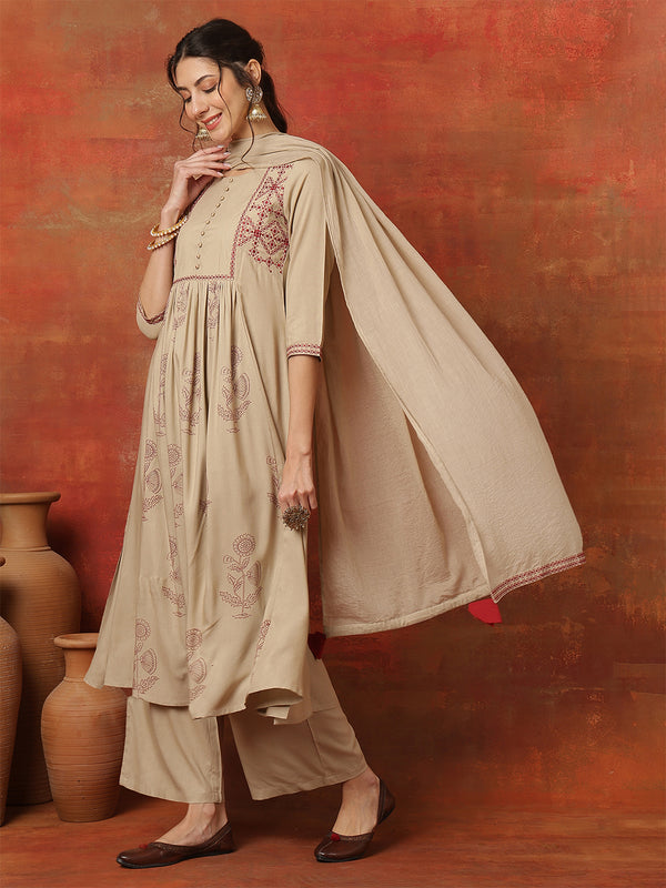 Kimayra Rayon Calf Length Printed 3/4 Sleeves Round Neck Semi-Flared Kurta Suit Set