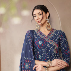 Kimayra Cotton Calf Length Printed 3/4 Sleeve Angrakha Flared Kurta Suit Set