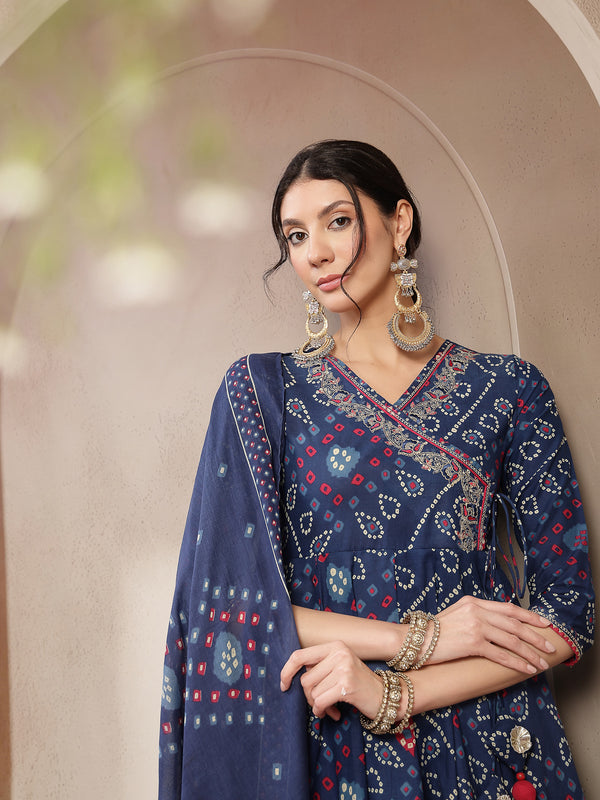Kimayra Cotton Calf Length Printed 3/4 Sleeve Angrakha Flared Kurta Suit Set