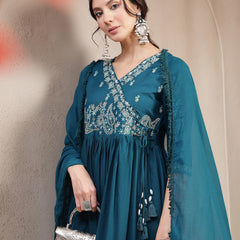 Kimayra Rayon Calf Length Solid 3/4 Sleeve Angrakha Flared Kurta Suit Set