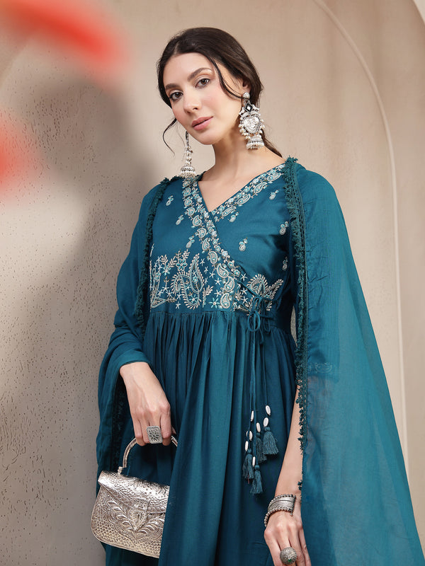 Kimayra Rayon Calf Length Solid 3/4 Sleeve Angrakha Flared Kurta Suit Set