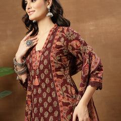 Kimayra Cotton Calf Length Printed 3/4 Sleeve V-Neck Flared Kurta Suit Set