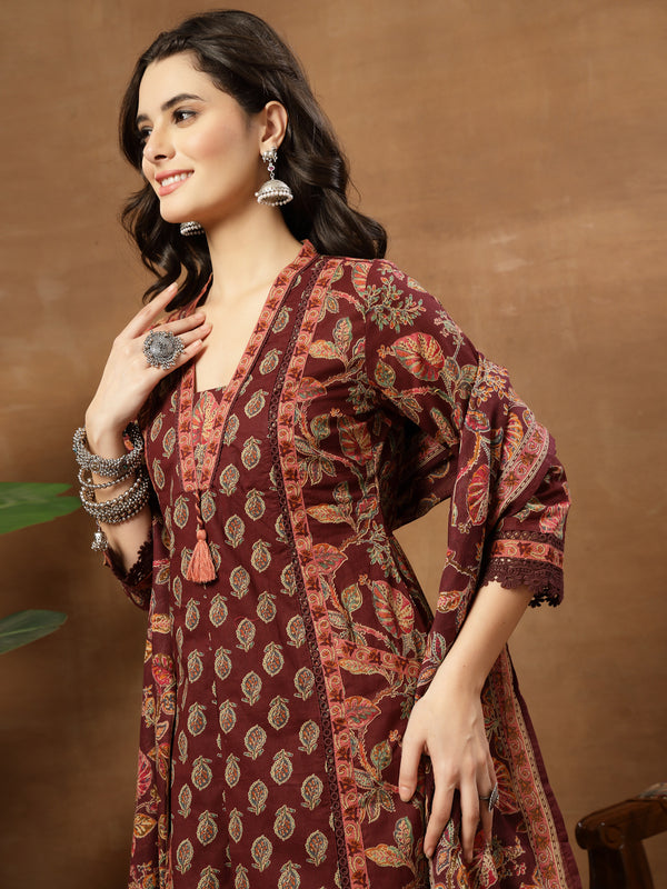 Kimayra Cotton Calf Length Printed 3/4 Sleeve V-Neck Flared Kurta Suit Set