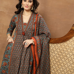 Kimayra Cotton Calf Length Printed 3/4 Sleeve V-Neck Flared Kurta Suit Set
