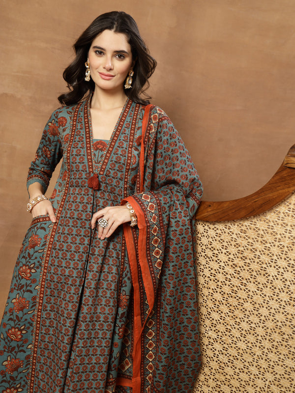 Kimayra Cotton Calf Length Printed 3/4 Sleeve V-Neck Flared Kurta Suit Set