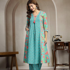 Kimayra Cotton Calf Length Printed 3/4 Sleeve V-Neck Flared Kurta Suit Set