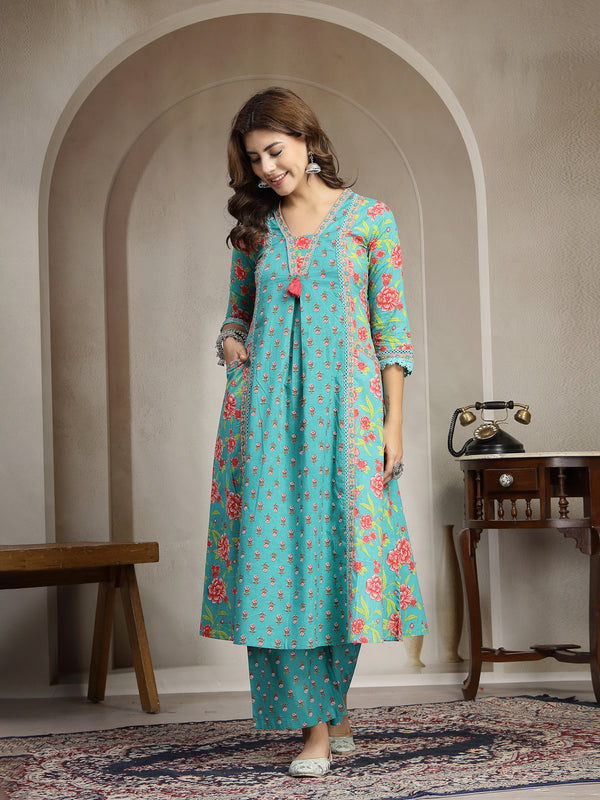 Kimayra Cotton Calf Length Printed 3/4 Sleeve V-Neck Flared Kurta Suit Set