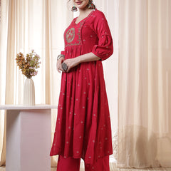 Kimayra Rayon Calf Length Printed 3/4 Sleeves Round Neck Flared Kurta Suit Set
