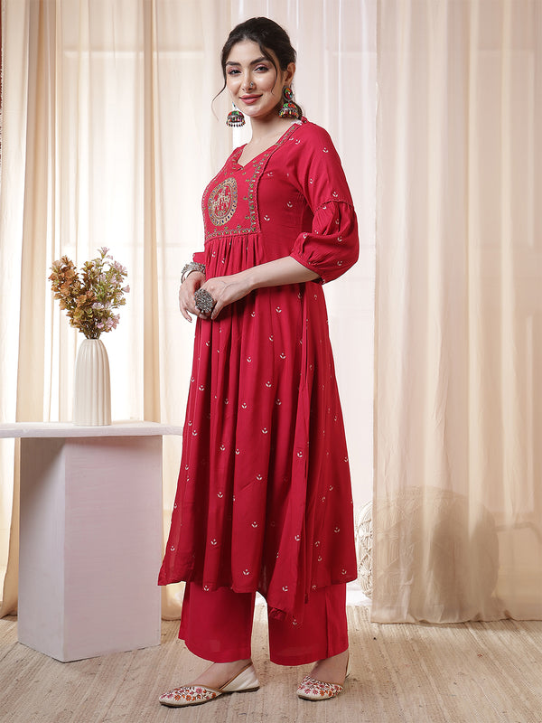 Kimayra Rayon Calf Length Printed 3/4 Sleeves Round Neck Flared Kurta Suit Set